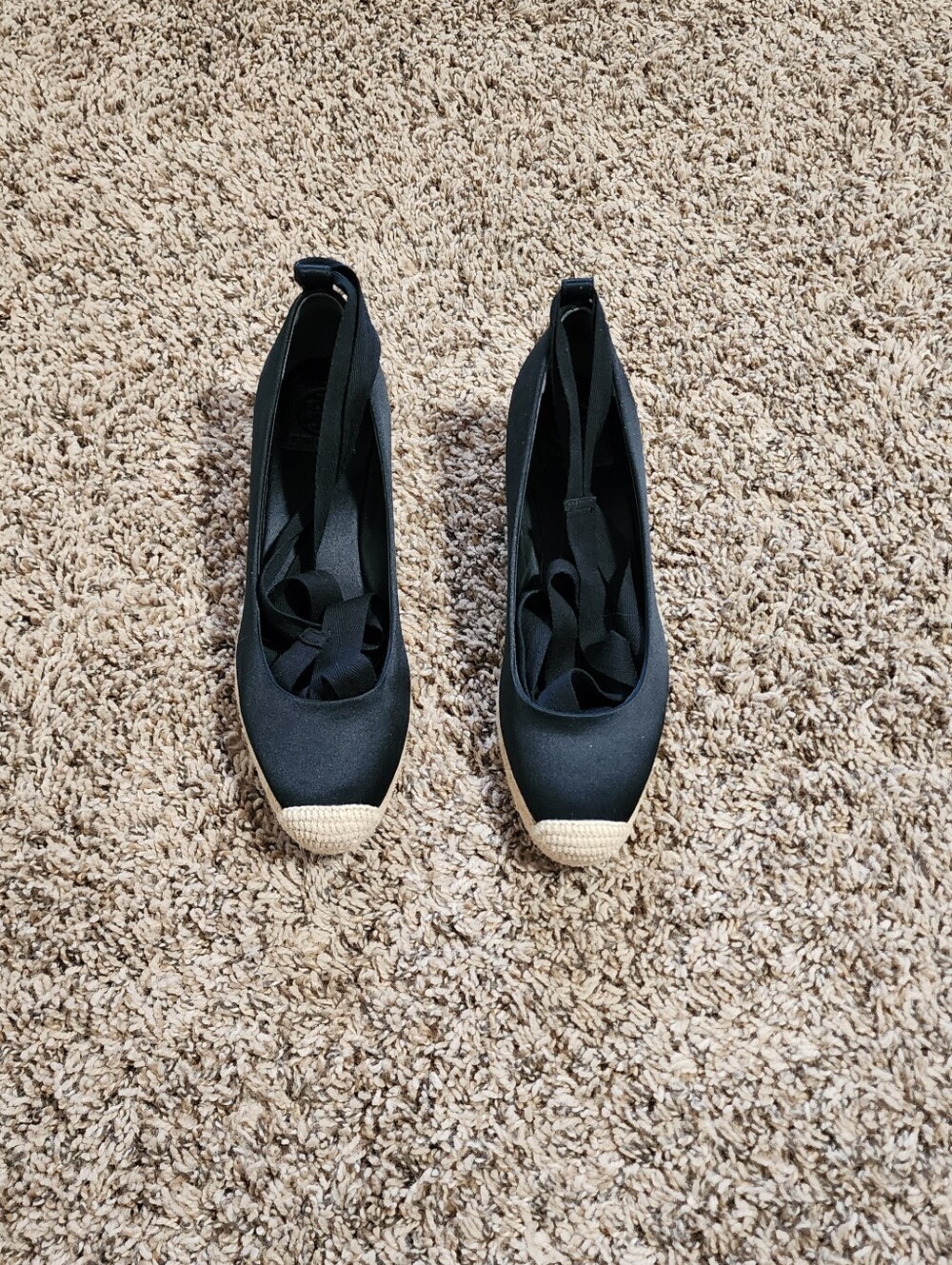 Tory Burch Black Satin Lace Up Espadrille Wedges Flats Size 7 Preppy - Picture 3 of 10